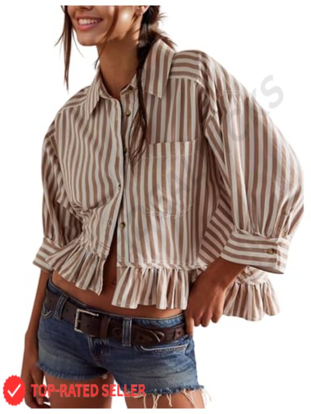 Womens Striped 3/4 Sleeve Blouse Loose V Neck Button Down Ruffled Hem Cotton